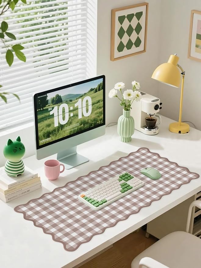 Scalloped‌ Checkered Desk Mat Cute Brown Gingham XXL Large Gaming Mouse Pad - Image 2