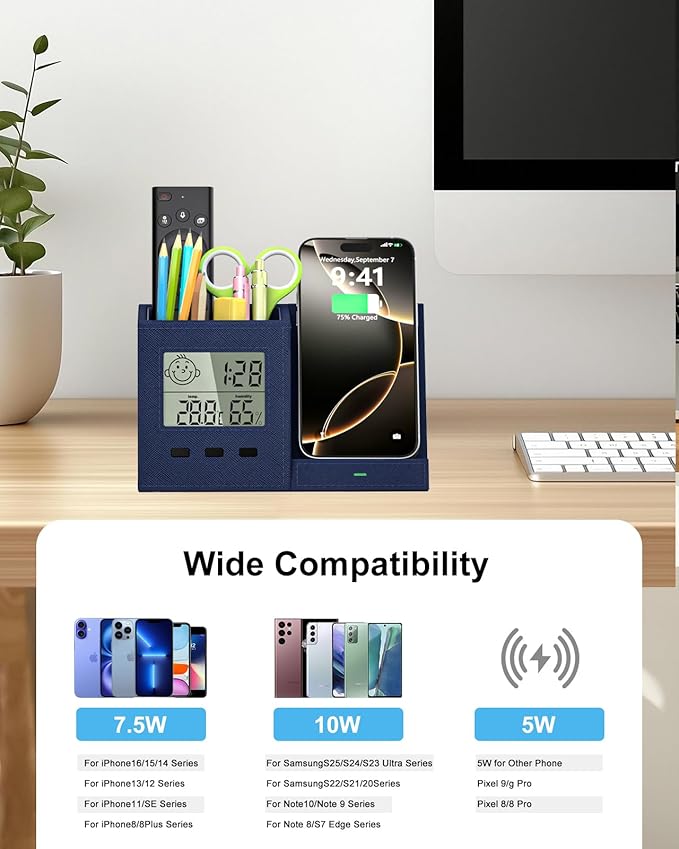 3-in-1 Wireless Charger with Pen Holder, Desk Clocks with Temperature and Humidity, Compatible with iPhone 16/15/14/13/12/11/8Series, Pencil Holder for Desk Home Office, Men Gift Idea Gadget, Blue-DeskLoop Office