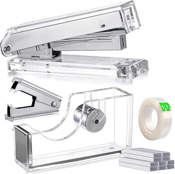 Acrylic Silver Tape Dispenser Desktop Stapler, Includes Staple Remover by VOSTOR