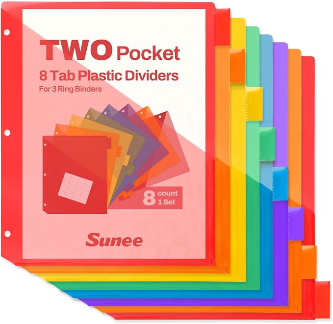 SUNEE 8 Tab Dividers with Pockets, Plastic Dividers by SUNEE