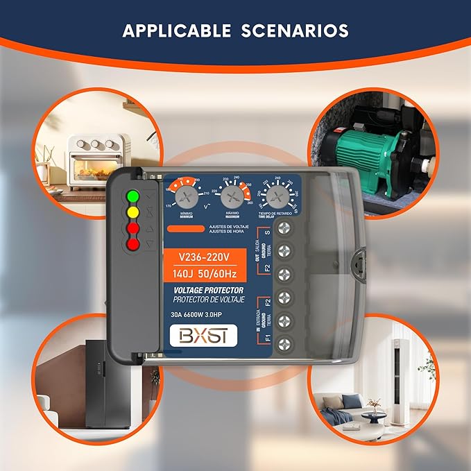 BXST Wiring Surge Protector with Adjustable Over/Under Voltage Protection Power Suppressor Protector, 220V, 30A, Up to 6600W Heavy Duty Power Surge Protection for Refrigerators, Air Conditioning, TV-DeskLoop Office