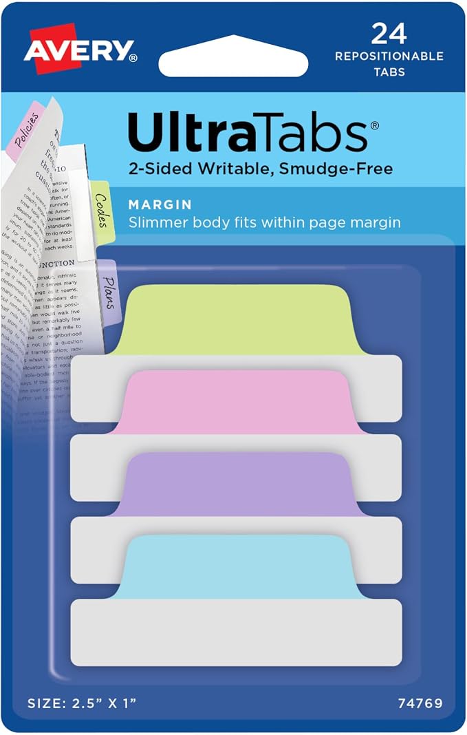 Avery Margin Ultra Tabs, 24 Repositionable Sticky Tabs, 2.5" x 1", 2-Side by Avery