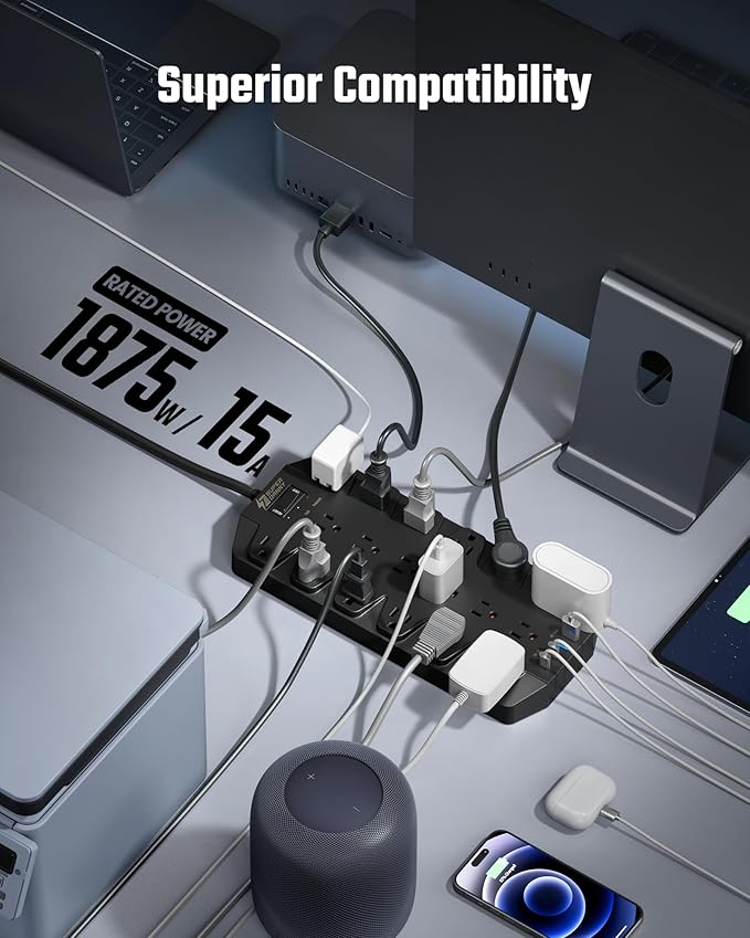 18 Widely Outlets Power Strip, SUPERDANNY Surge Protector with 4 USB Ports, 15FT Flat Plug Heavy Duty Extension Cord, 2100J, 1875W/15A, Wall Mount Holes for Home, Office, Dorm, Black-DeskLoop Office