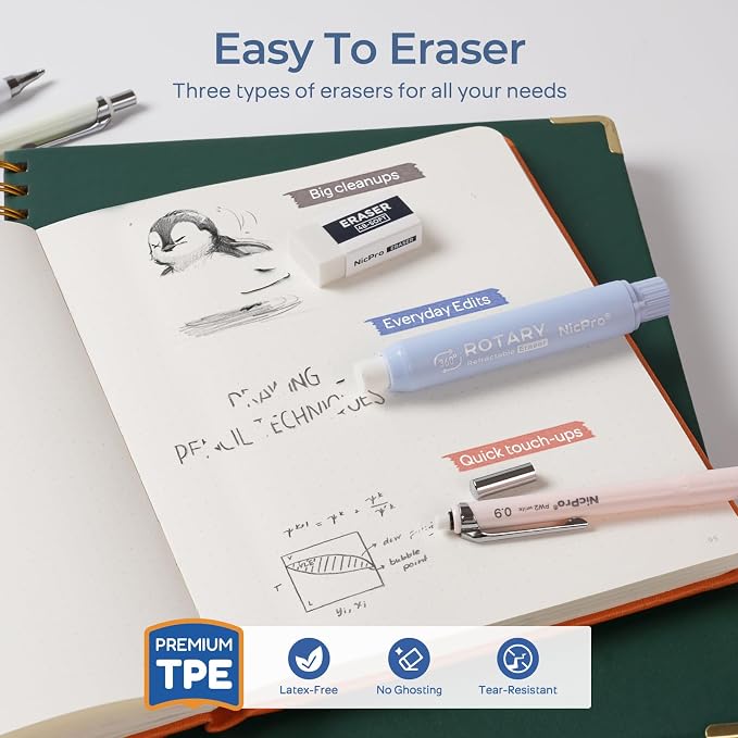 Nicpro Cute Mechanical Pencil Set, 4B Erasers, Rotary Retractable Eraser and - Image 4