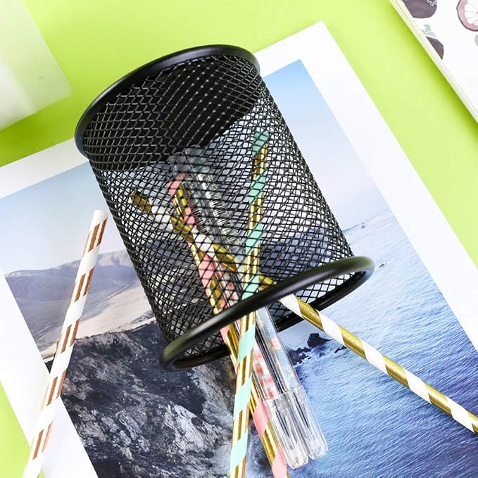 Ameceres 4 Packs Wire Mesh Pencil Holder Metal Pen Cup Desk Pen Organizer Case Pencil Jar Black for Office Home (DeepPink)-DeskLoop Office