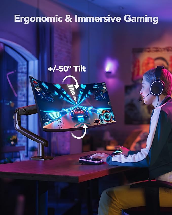 HUANUO Heavy Duty Monitor Arm for Ultrawide Screens up to 49", Holds 40 lbs,Aluminum Ultrawide Screen Desk Mount,Fully Adjustable Single Monitor Mount with C-clamp, Grommet Base, Max VESA 100x100-DeskLoop Office
