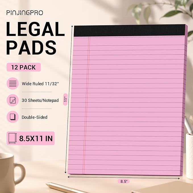 12 Pack Pink Legal Pads 8.5 x 11 Note Pads Wide Ruled Notepad Micro Perforated - Image 2