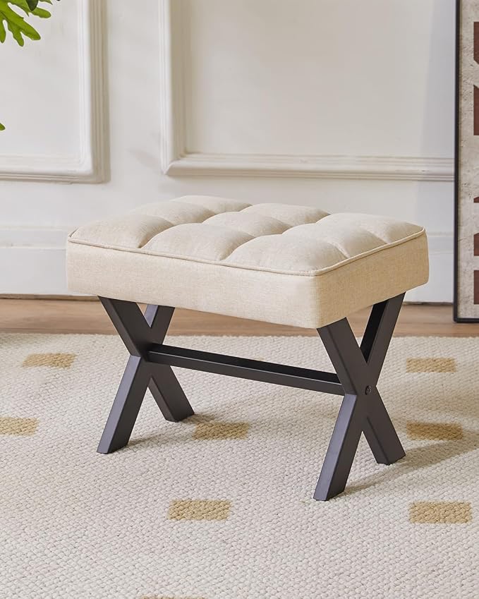 IBUYKE Small 12" H Footrest Stool, Square Linen Foot Stool with Metal X-Leg, Multi-Use as Small Side Table, Step Stool for Living Room, Bedroom, Entryway, Office, Linen WBD011Y-DeskLoop Office