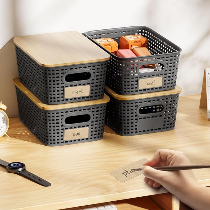 6Pcs Storage Bins with Lids, Stackable Plastic Storage Basket with Bamboo Lid - Image 9