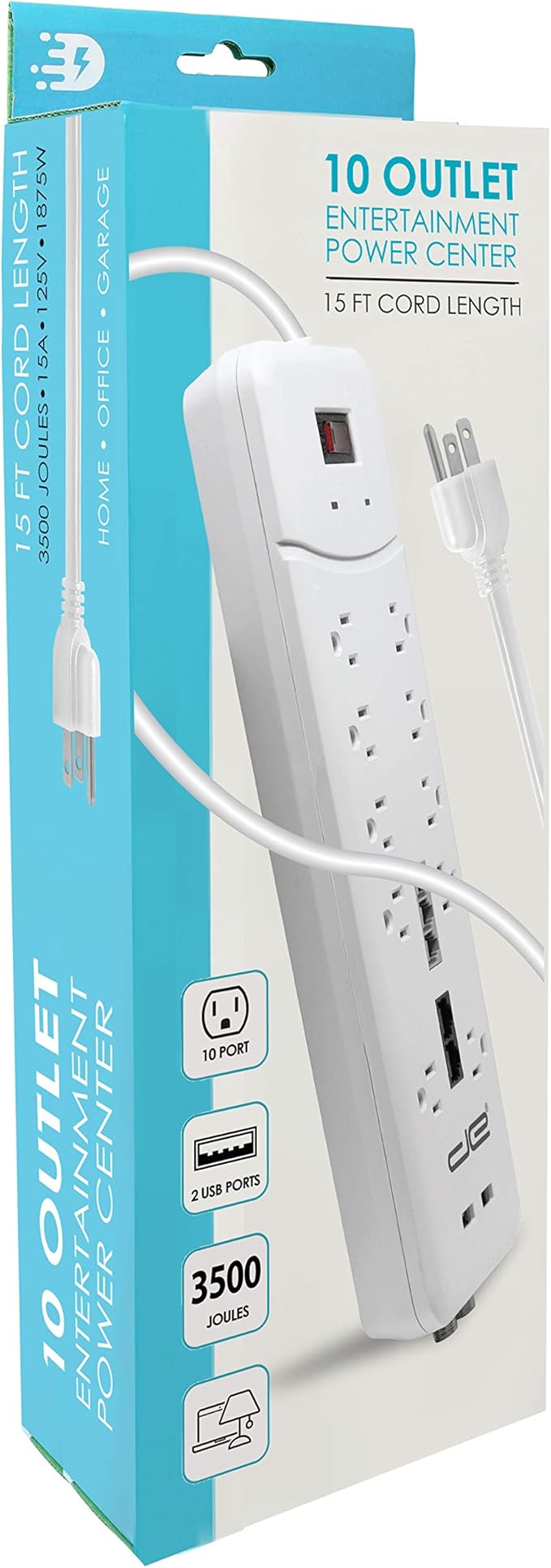 Digital Energy 10-Outlet Straight Plug 4050 Joules Heavy Duty Surge Protector (15 FT, WHT)-DeskLoop Office