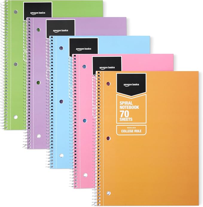 Amazon Basics College-Ruled Spiral Notebooks, 70 Sheets, 10.5" x 8", Perforated by AmazonBasics