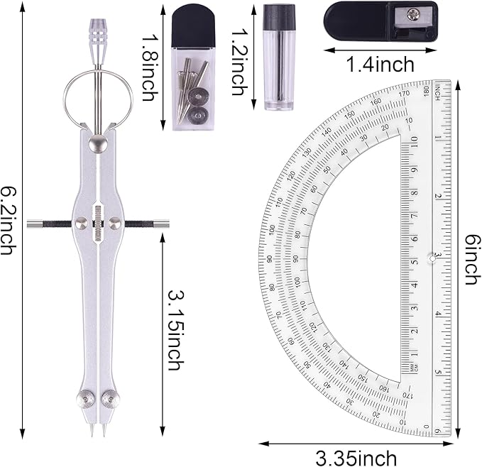 Compass and Protractor Set, Professional Drawing Compass Tool, Metal Compass with Extra Refills, Compass for Geometry and 6 Inch Math Protractors 180 Degree (Pink)