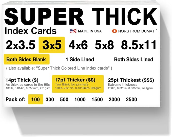 100 SUPER THICK 3x5, heavyweight index cards, note cards, flash cards by Norstrom+Dumati