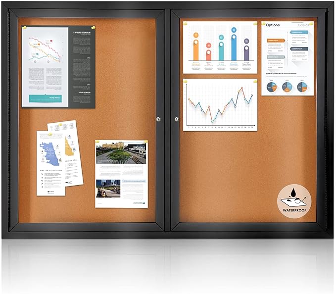 Enclosed Bulletin Board Outdoor Noticeboard with Locking Door, Weather-Resistant, Cork, Black Aluminum Frame, 48 x 34 in-DeskLoop Office