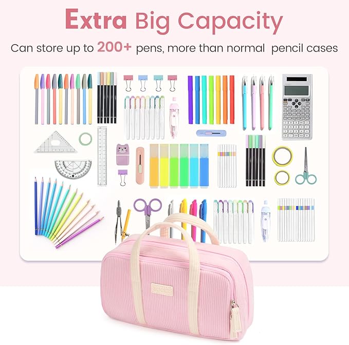Sooez Large Pencil Case Pouch, Extra Big Pencil Bag with 5 Compartments, Pen Case Wide Opening, Soft Corduroy Pen Bag Organizer with Zipper, Cute Aesthetic School Supplies for Teen Girls, Pink-DeskLoop Office
