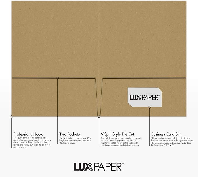 LUXPaper 9" x 12" Presentation Folders | Two Pocket | Grocery Bag Brown | 18pt. - Image 2