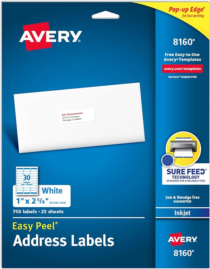 Avery Easy Peel Printable Address Labels with Sure Feed, 1" x 2-5/8" Customizable Stickers, White, 750 Blank Mailing Labels, Great for Mailing, Shipping, and More (8160)-DeskLoop Office