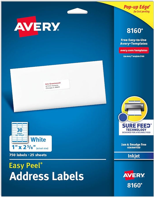 Avery Easy Peel Printable Address Labels with Sure Feed, 1" x 2-5/8" Customizable Stickers, White, 750 Blank Mailing Labels, Great for Mailing, Shipping, and More (8160)-DeskLoop Office