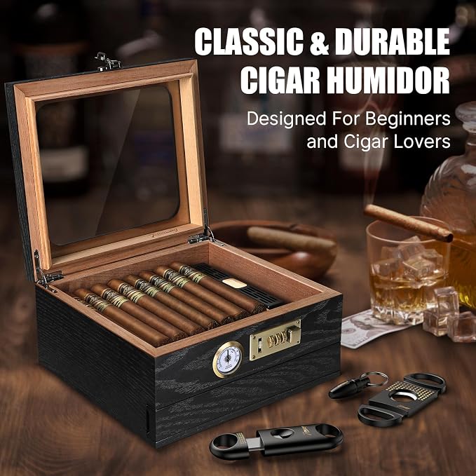 Tesonway Cigar Humidor, Cedar Wood Humidor Cigar Box, Glass Top Desktop Humidor - Image 7