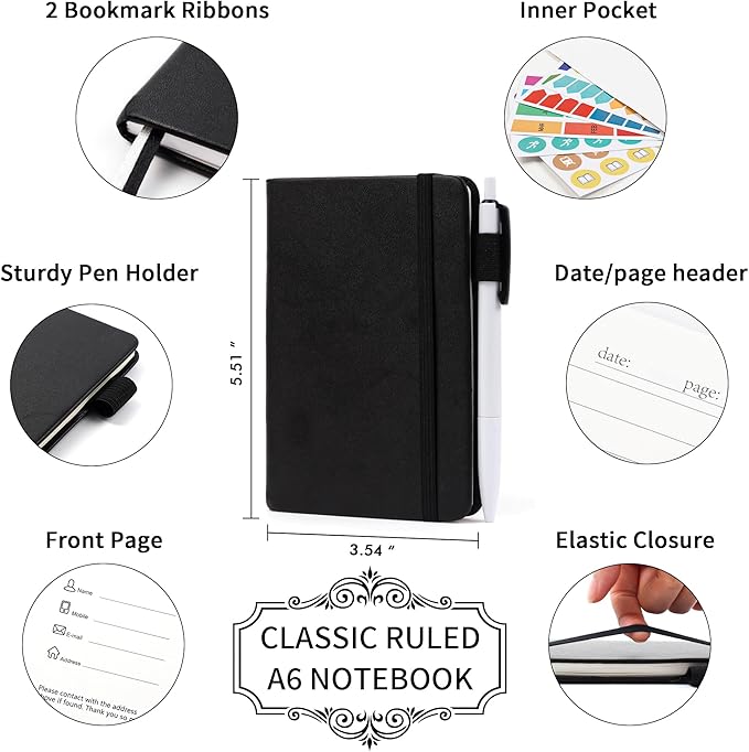 feela 15 Pack Pocket Small Notebooks Bulk, Mini Cute Notepads Hardcover College Ruled Lined Journals with Pen Holder for School Business, with 15 Black Pens, 3.5”x 5.5”, A6, Black Navy Dark Green-DeskLoop Office