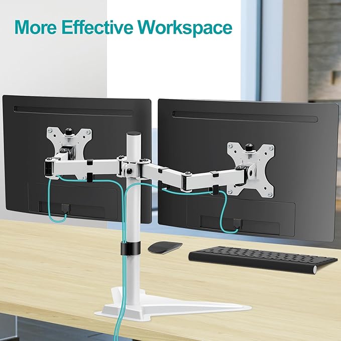 MOUNT PRO Dual Monitor Stand, Free-Standing Full Motion Monitor Desk Mount Fits 2 Screens up to 27 inches,17.6lbs with Height Adjustable, Swivel, Tilt, Rotation, VESA 75x75 100x100,White-DeskLoop Office