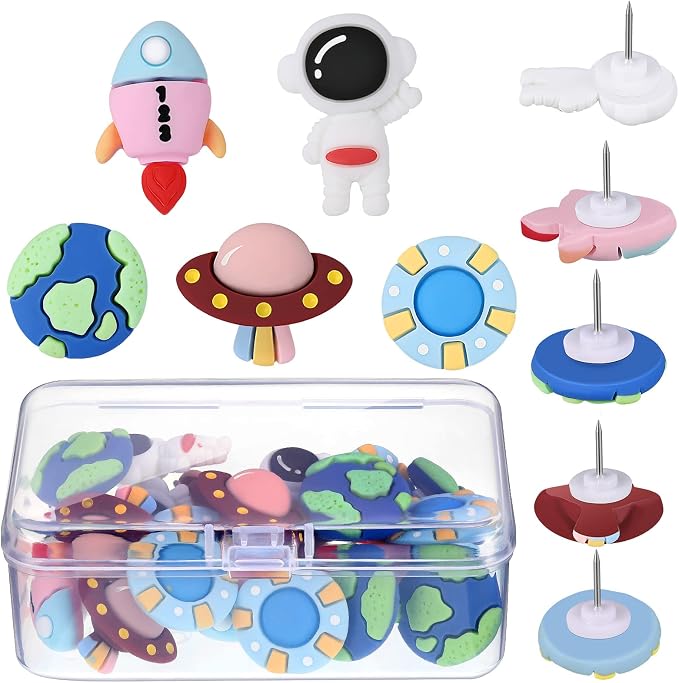 Pajean 25 Pcs Cute Space Push Pins Office Pins Rocket Spaceship Astronaut Space by Pajean