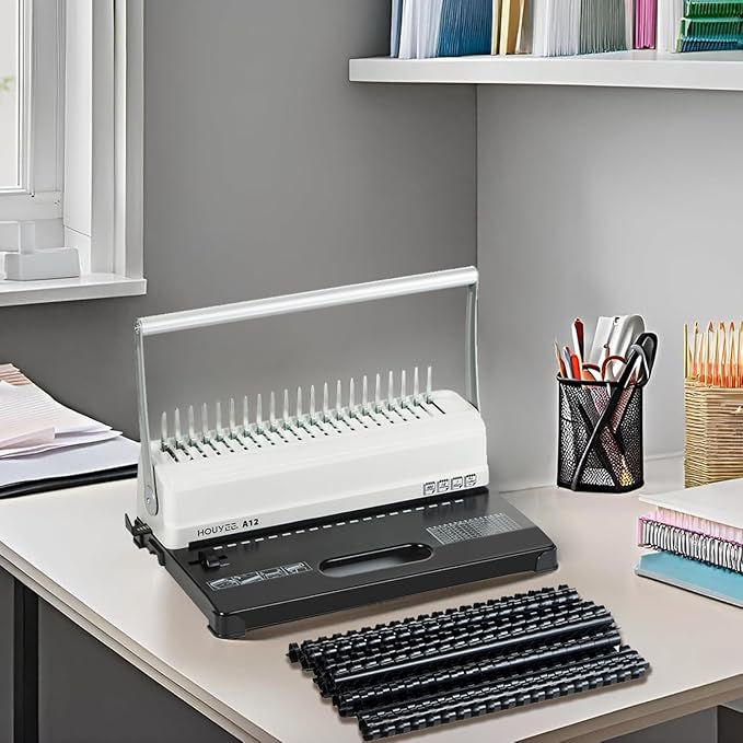 HOUYEE Manual Comb Binding Machine,19 Holes, 450 Sheets,Paper Punch Comb Binder Machine with 50 PCS 1/2" Comb Binding Spines, Fit for Letter Size Paper-DeskLoop Office