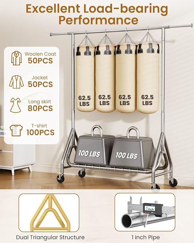 Heavy Duty Clothing Rack, Metal Clothes Rack Load 450 LBS, Rolling Coat Racks for Hanging Clothes with Lockable Wheels, Wardrobe Closet Garment Racks for Bedroom, Silver-DeskLoop Office