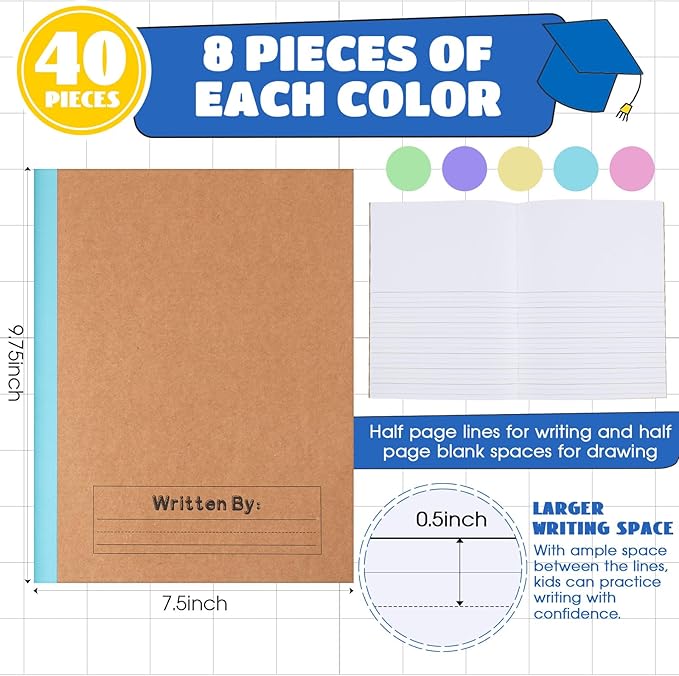 Henoyso 40 Pcs Primary Composition Notebook 9 3/4 x 7 1/2 Inch Kids Journal, Back to School Supplies, K-2 Primary Writing Notebook for Kids Student Draw and Write Story Journal (Macaron Color)-DeskLoop Office