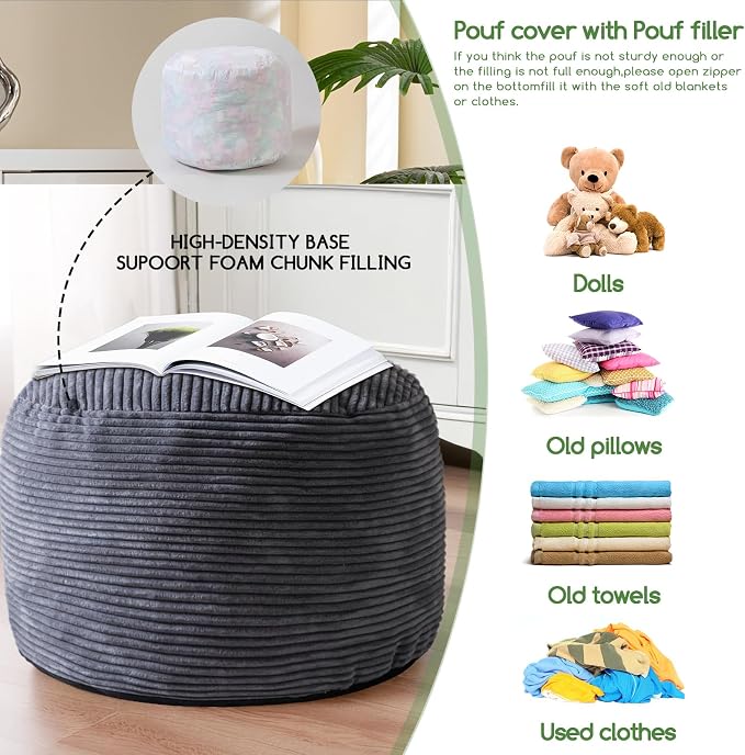 HIGOGOGO Round Stuffed Pouf Ottoman, Corduroy Poufs - Image 4