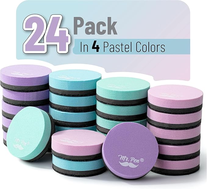 Mr. Pen- Round Magnetic Dry Erase Erasers, 24 Pack | Colorful Small Magnetic - Image 2