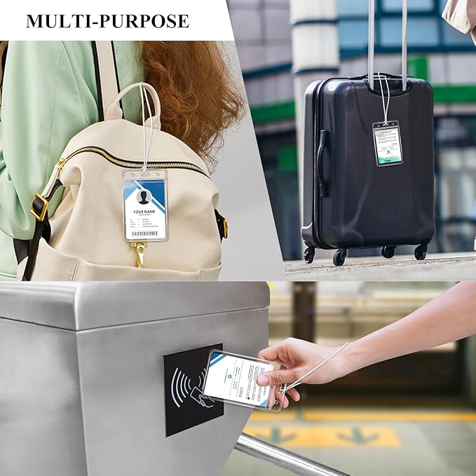 100 Pack Clear Plastic Luggage Bag Tag Holder Badge Label Tag Holder with 100 Pack Luggage Loops Straps for Office Business Travel Supplies-DeskLoop Office