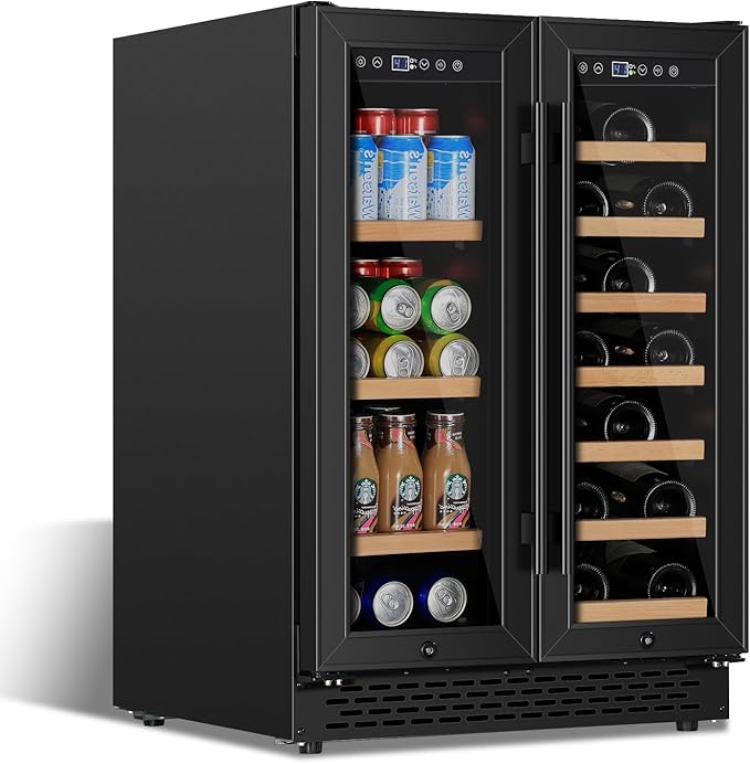 24 Inch Wine and Beverage Refrigerator Under Counter, Dual Zone Black Beverage Fridge with Glass Door&Lock,20 Bottles & 88 Cans Wine and Beverage Cooler, Freestanding Mini Fridge for Bedroom Home-DeskLoop Office