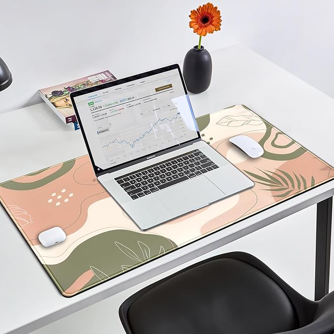 Boho Green Cream Desk Mat Boho Kawaii Green Mouse Pad Cute Desk Mat, Large Aesthetic Mouse Pad XL Desk Decor for Women with Stitched Edge Mouse Desk Pad for Keyboard and Mouse Desk Pad, 31.5x15.8in.-DeskLoop Office