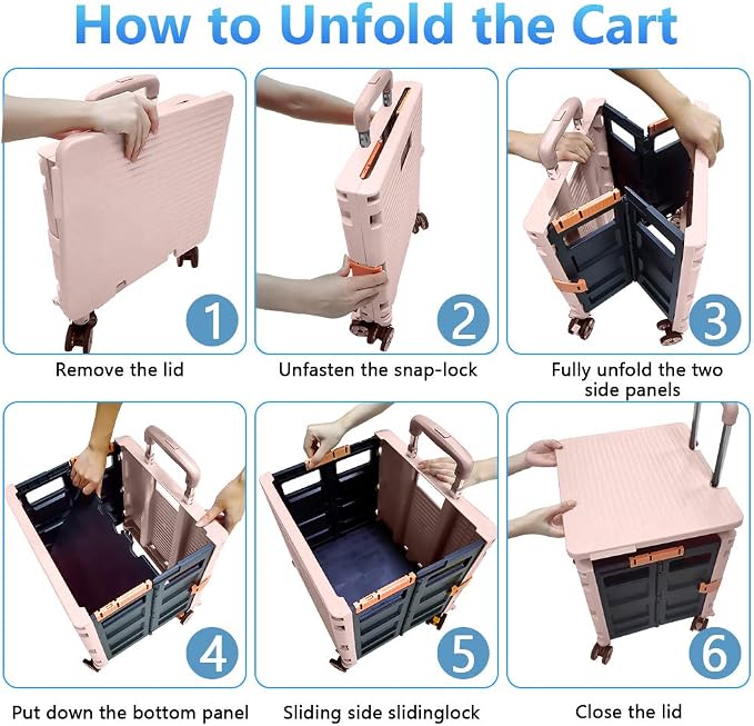 FELICON SELORSS Foldable Utility Cart Folding Portable Rolling Crate-Pink | - Image 4