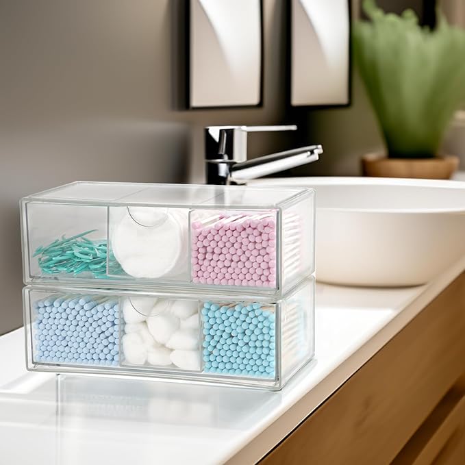 Set of 2 Stackable Storage Drawers - 7.8" Clear Plastic Drawer Storage, Acrylic Makeup Organizer, Desk Counter Cabinet Office Organizer, Bathroom Organizers and Storage (3 Grid/Set of 2)-DeskLoop Office