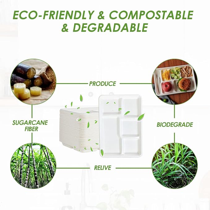Vplus 100% Compostable 5 Compartment Paper Plates, 100 Pack, 12.5 x 8.6 inch - Image 5