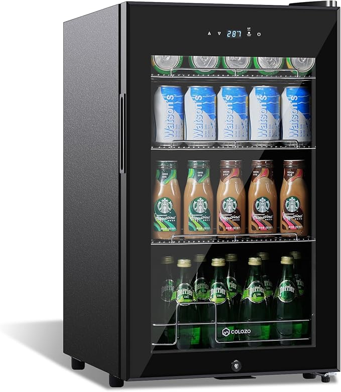 17 Inch Black Beverage Refrigerator Cooler, 96 Cans Mini Fridge with Glass Door&Lock, Beer Fridge for Soda Water or Wine, Drink Refrigerator for Home Office Bar Bedroom-DeskLoop Office