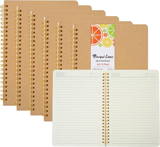 Ruled Spiral Notebook - 6 Pack Lined Notebooks for Work School - A5 Journals Bulk, Soft Cover Travel Journal Spiral for Writing Drawing, 8.2" X 5.8", 60 Sheets/120 Pages-DeskLoop Office