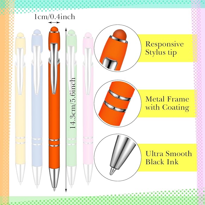 Zonon 38 Pieces Rubberized Ballpoint Pen with Stylus Tip Stylish Metal Pen Capacitive Styli with Soft Rubberized Grip, Black Ink for Most Devices(Chic Colors)-DeskLoop Office