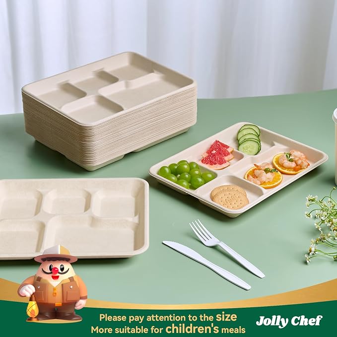 JOLLY CHEF Small Compostable 5 Compartment Paper Plates 10 * 8.25 * 1 inch 125 - Image 4