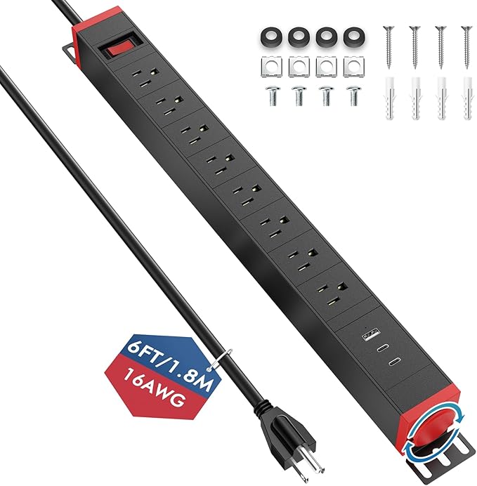 360° Rotating Mountable Power Strip with USB Ports, 8 Outlet Surge Protector Power Strips Wall Mount, Metal Heavy Duty Versatile Outlet with 6FT Power Cord,For Home Office Industrial Garage Commercial-DeskLoop Office