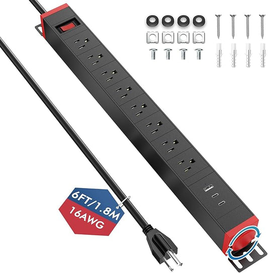 360° Rotating Mountable Power Strip with USB Ports, 8 Outlet Surge Protector Power Strips Wall Mount, Metal Heavy Duty Versatile Outlet with 6FT Power Cord,For Home Office Industrial Garage Commercial-DeskLoop Office