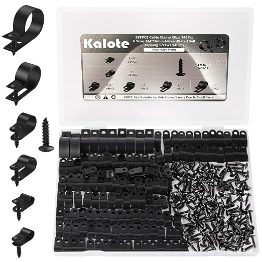 292Pcs Black PA66 Nylon R Cable Clamps Kit w/ M4 Screws, 6 Sizes | Good by KALOTE