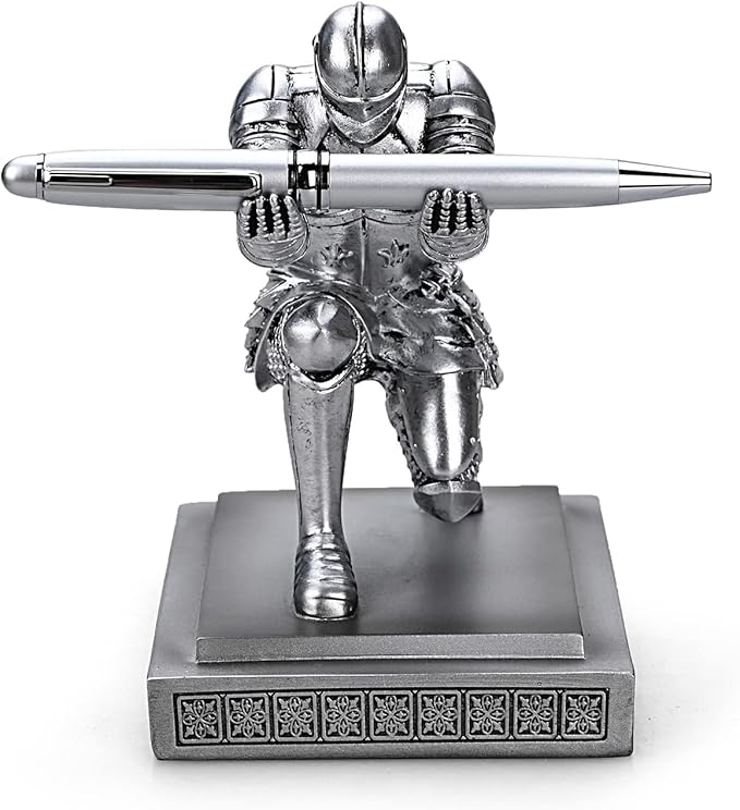 Knight Pen Holder Pen Stand Desk Organizers and Accessories Resin Pencil Holder as Gift with a Fancy Pen for Office and Home Desk Organizer (Silver)-DeskLoop Office