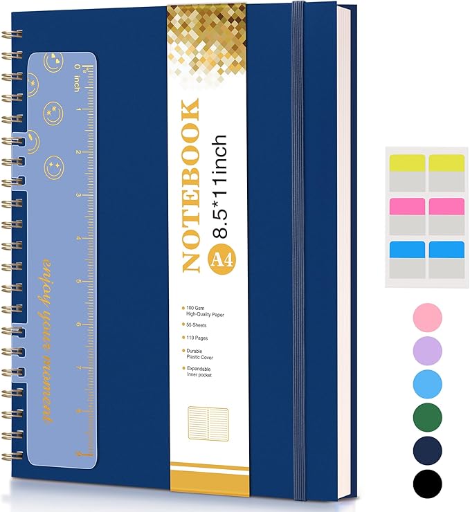 Spiral Notebook Journal 8.5” x 11”, A4 Large Notebooks for Women Men, College Ruled Lined Journal, 100 GSM Paper, Plastic Hardcover Spiral Bound Journals for Work School Note Taking Business, Navy-DeskLoop Office