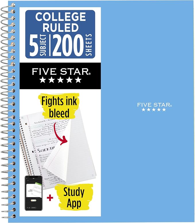 Five Star Spiral Notebook + Study App, 5 Subject, College Ruled Paper, 8-1/2" x by FiveStar