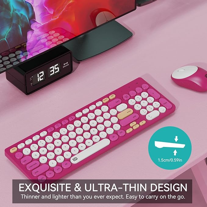 FD Wireless Keyboards and Mouse Combo - 2.4GHz USB Cordless, Cute Wireless Keyboard Round Keys, Quiet and Slim Set for Laptop, Computer, TV and Mac - Strawberry White Colorful-DeskLoop Office