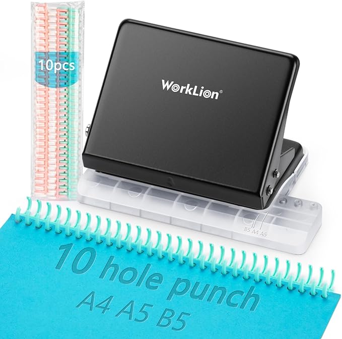 Binding Machine for Planner： WORKLION Metal 10 Hole Punch&Multi Color 30 Hole Loose Leaf Binder Rings(10 pcs) for Making 26 Holes on B5 Paper, 30 Holes on A4, 20 Holes on A5 Book, Black-DeskLoop Office