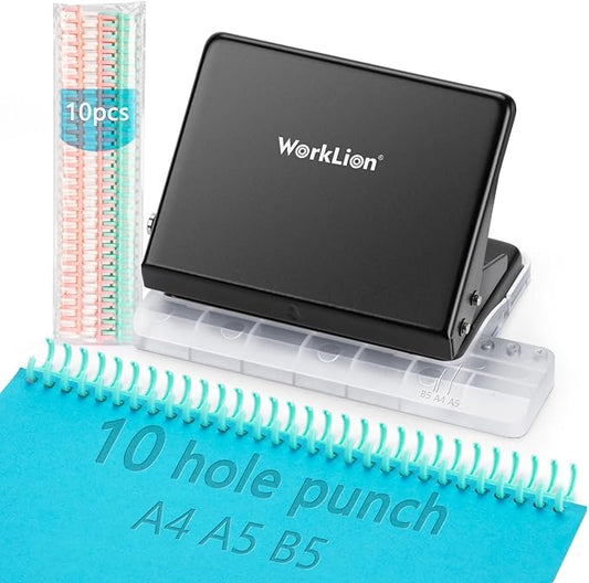 Binding Machine for Planner： WORKLION Metal 10 Hole Punch&Multi Color 30 Hole Loose Leaf Binder Rings(10 pcs) for Making 26 Holes on B5 Paper, 30 Holes on A4, 20 Holes on A5 Book, Black-DeskLoop Office